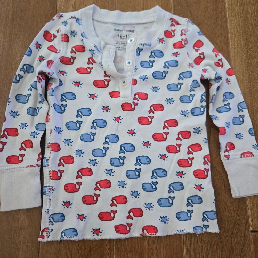 Roller Rabbit 12-18 Months Whale Print Pima Cotton Henley Pajama Top Red Blue
